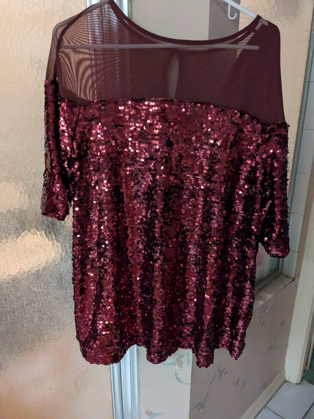 Roaman's Sequined Mesh Yoke Top - Wine